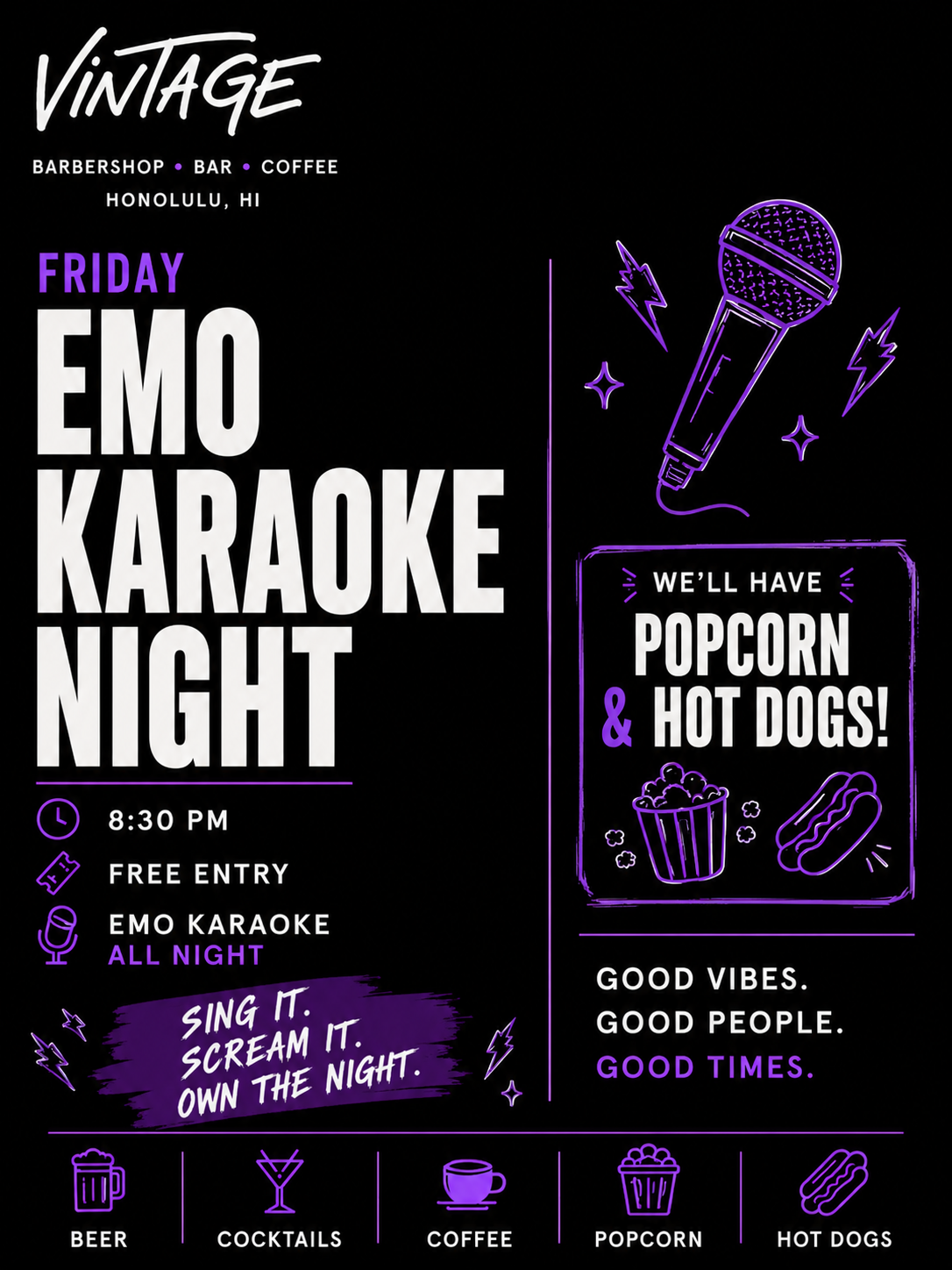 Emo Karaoke Night in Honolulu at Vintage Barbershop Bar and Coffee on July 17 2026 with popcorn and hot dogs