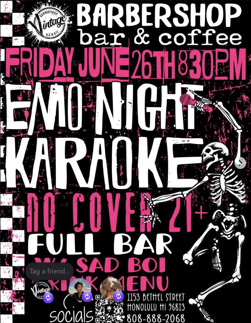 Emo Night Karaoke at Vintage Barbershop Bar and Coffee in Honolulu