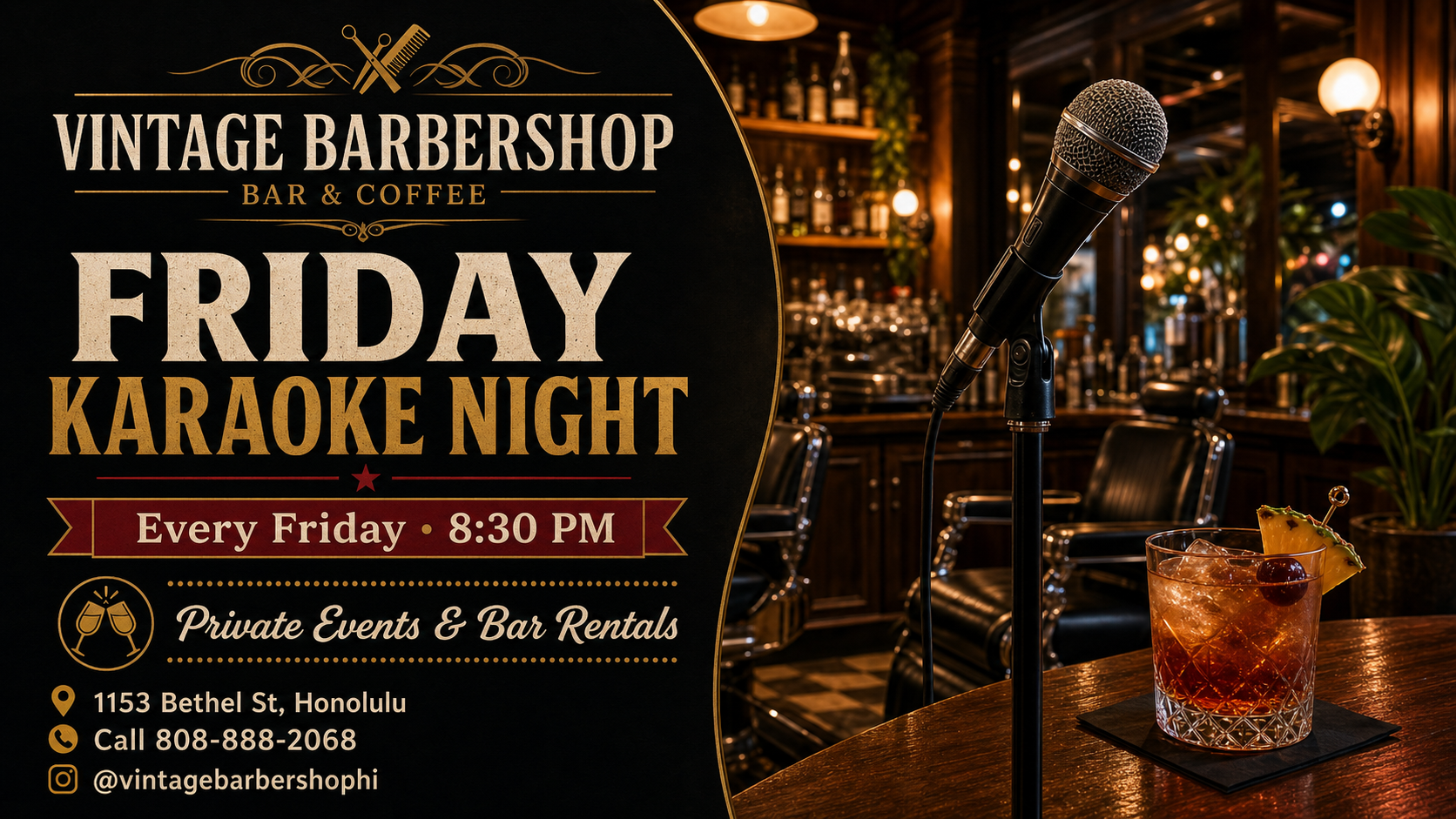 Friday Karaoke Night flyer for Vintage Barbershop Bar and Coffee Honolulu