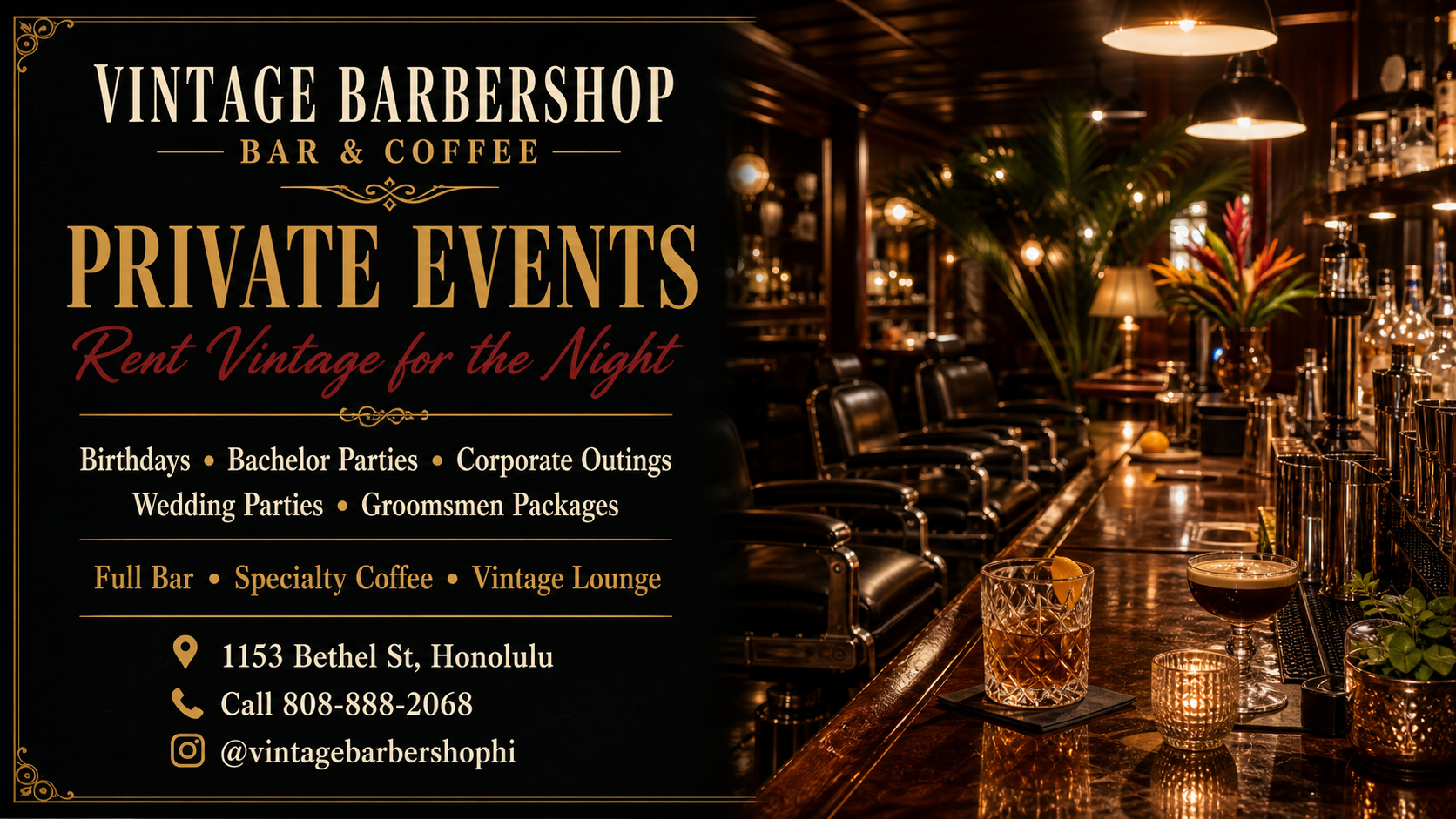 Private Events and Bar Rentals flyer for Vintage Barbershop Bar and Coffee Honolulu