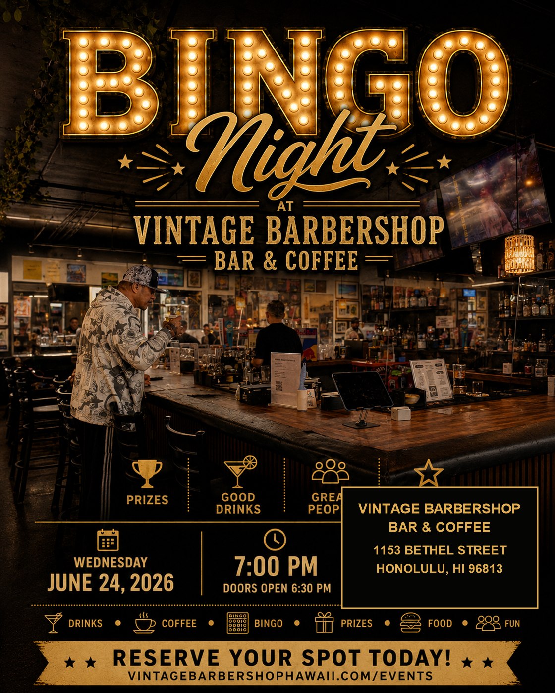 Wednesday Bingo Night at Vintage Barbershop Bar and Coffee in Downtown Honolulu